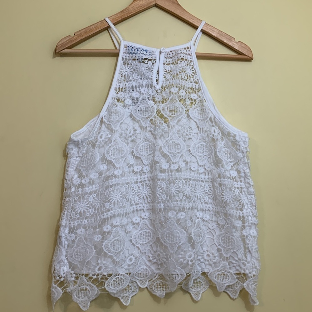 Rebellion | NWT White Floral Lace Crochet Racerback Tank Camisole Top L - Picture 17 of 17